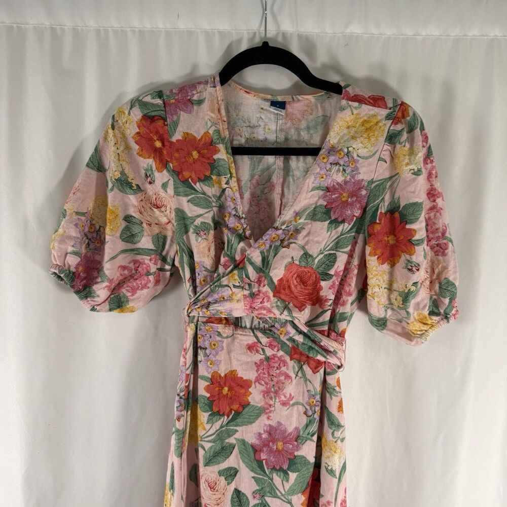 Old Navy Linen Blend Maxi Dress Women's Small Pink Floral Wrap Top Puff Sleeve - Picture 2 of 9